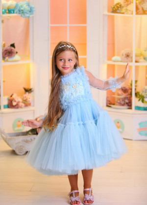 Beaded Baby Blue Lace Tulle Tea Length Flower Girl Dress
